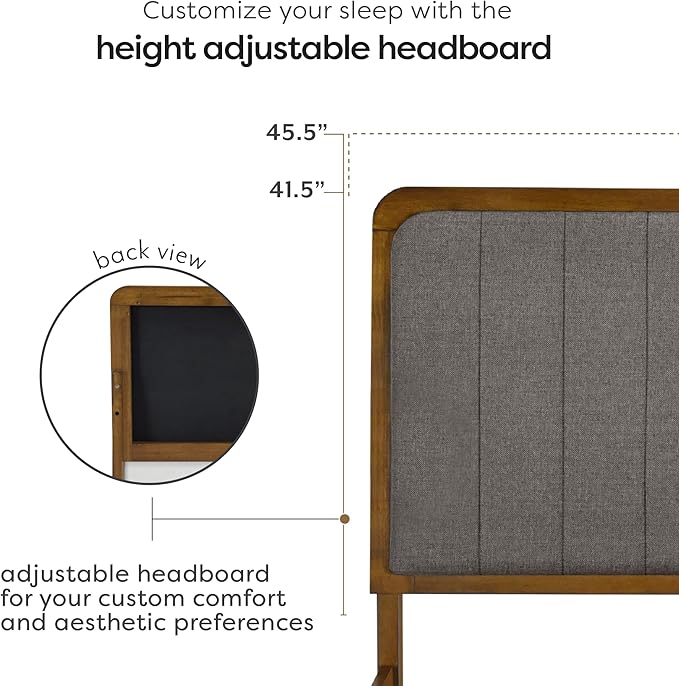 DG Casa Raven Solid Wood King Size Bed Frame - Mid Century Modern Style, Platform with Tufted Upholstered Adjustable Height Headboard, No Box Spring Required, Walnut Finish, Brown Fabric