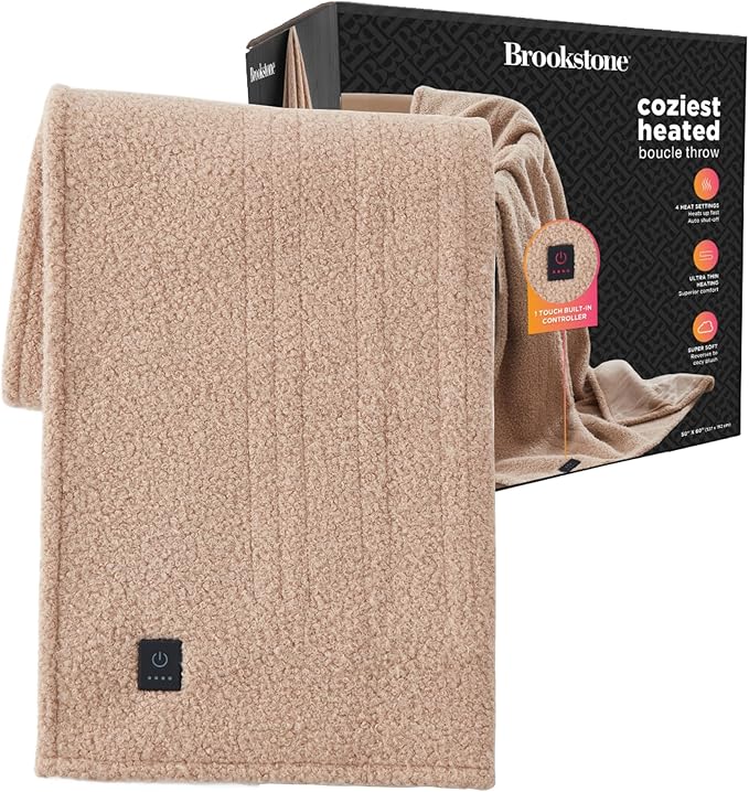 Brookstone Heated Throw Blanket - Heat Blankets Electric - Faux Fur Heated Throw Blanket- 4 Heat Settings, 4-Hour Auto Shut Off, 100% Polyester, 50"x60" - Brown