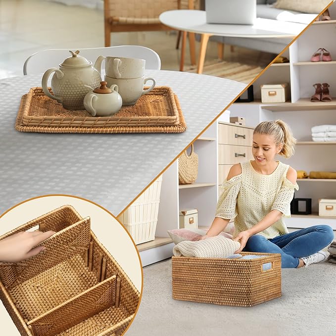 Handwoven Rattan Basket With Lid, Natural Wicker Storage Basket with Detachable Divider for Organizing, Large Wicker Basket With Lid for Storage and Decoration