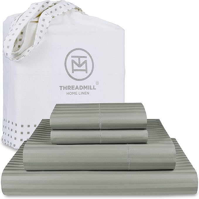 Threadmill 100% Cotton Sheets for Full Size Bed - 600 Thread Count Full Bed Sheets Set with 16” Deep Pocket - Damask Stripe Sateen Weave 4-Piece Bedding Set with Cooling Effect, Moonrock Grey