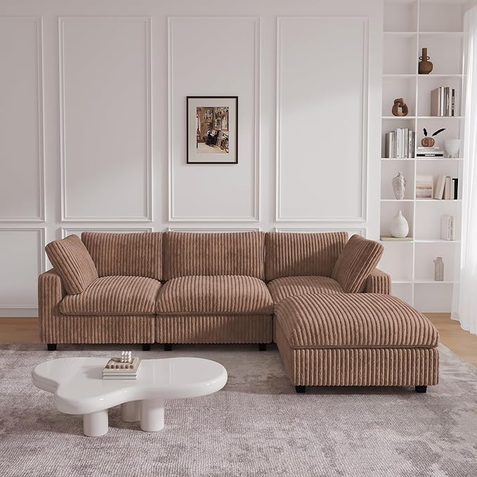 JACH 118" L Shape Sectional Couch, Convertable Modular Couches with Chaise Ottoman, Modern Deep Seat Sofas, Sofa Covers Washable, Minimalist Plush Couch for Living Room, Apartment, Brown