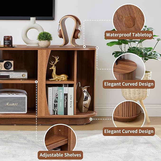 Turtle & Myrtle 63" Mid Century Modern TV Stand for Tvs up to 70", Fluted TV Media Console Table with Storage and Adjustable Shelves, Curved Edge Entertainment Center for Living Room (Walnut)