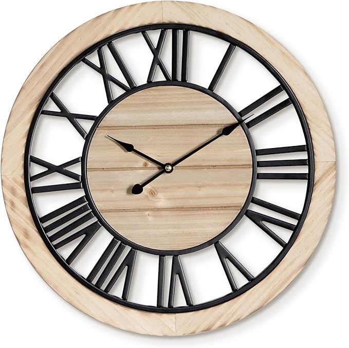Maxstar 20'' Wall Clock for Living Room Decor, Ultra-Silent Rustic Wooden Farmhouse Wall Clock with Metal & Real Wood Frame, Battery Operated, for Kitchen Bedroom Office, Roman Numerals
