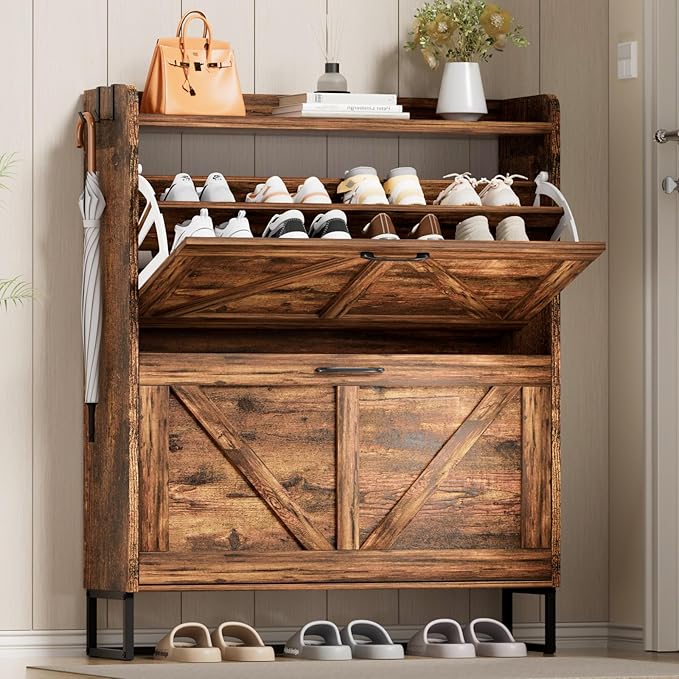 Urban Deco Shoe Storage Cabinet for Entryway, Organizer Shoe Cabinet with 2 Flip Drawers, Elegant 2 Tier Freestanding Shoe Cabinet (Brown)