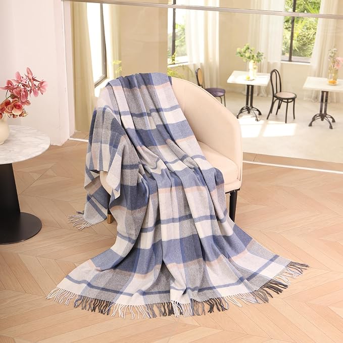 Blue Plaid Throw Blanket for Couch,100% Wool Throw Blanket for Home Decor, Soft Lightweight Cozy All Season Decorative Vintage Blankets for Travel,Bed, Sofa, Chair, Outdoor 55"x83"/1.5LBS