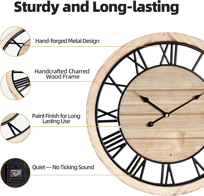 Maxstar 20'' Wall Clock for Living Room Decor, Ultra-Silent Rustic Wooden Farmhouse Wall Clock with Metal & Real Wood Frame, Battery Operated, for Kitchen Bedroom Office, Roman Numerals