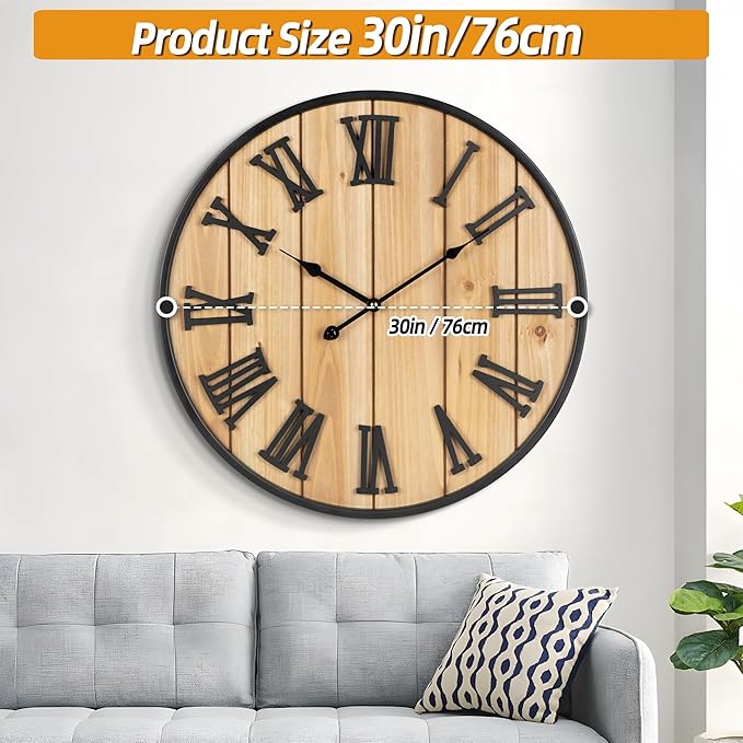 Large Wall Clock 30IN, Silent Metal Wood Style Wall Clocks Battery Operated for Living Room Decor, Farmhouse Big Wall Clock, Outdoor