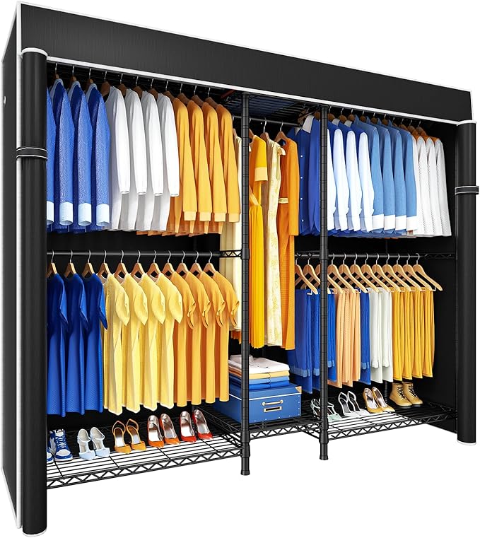 Ulif E12C Heavy Duty Closet Organizer System，Freestanding Clothing Rack, Adjustable Garment Rack 71" W x 16" D x 76.5" H Holds 960 lbs, Black Rack with Black Dustproof Cover