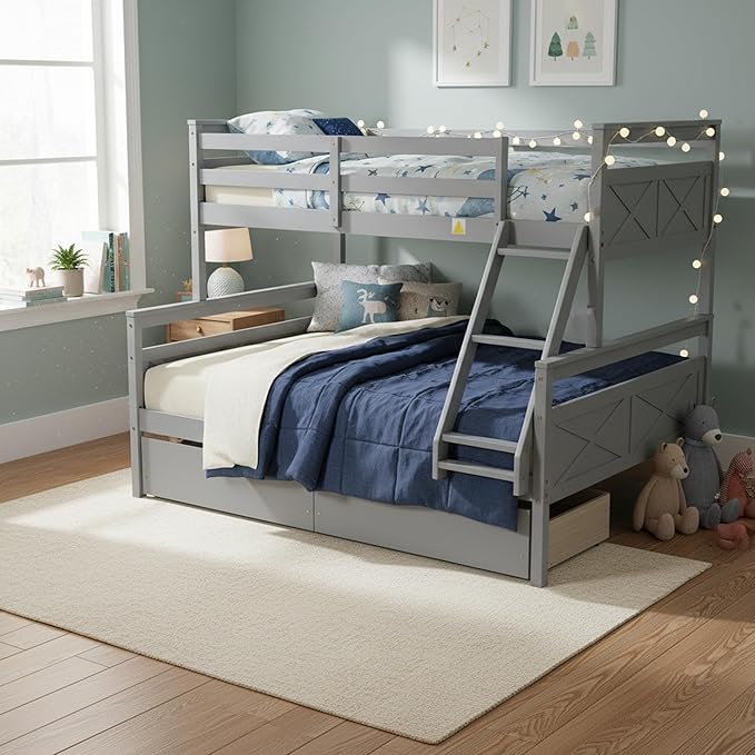 Twin Over Full Bunk Bed with Drawers, Convertible to 2 Separate Beds, Twin Bed Frame with Storage, Ladder and Safety Guardrails, No Box Spring Needed, Perfect for Kids Teens Adults Bedroom, Gray