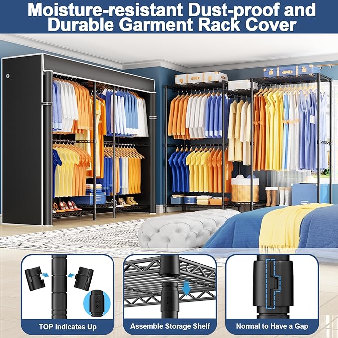 Ulif E12C Heavy Duty Closet Organizer System，Freestanding Clothing Rack, Adjustable Garment Rack 71" W x 16" D x 76.5" H Holds 960 lbs, Black Rack with Black Dustproof Cover