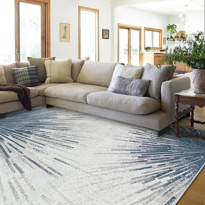 Lahome Modern Floor Rugs for Living Room - Machine Washable Rugs 5x7 Throw Soft Bedroom Area Rug Ultra-Thin Non-Slip Dining Room Rug, Abstract Print Carpet Rug for Office Kitchen (Blue/Gray, 5'x7')