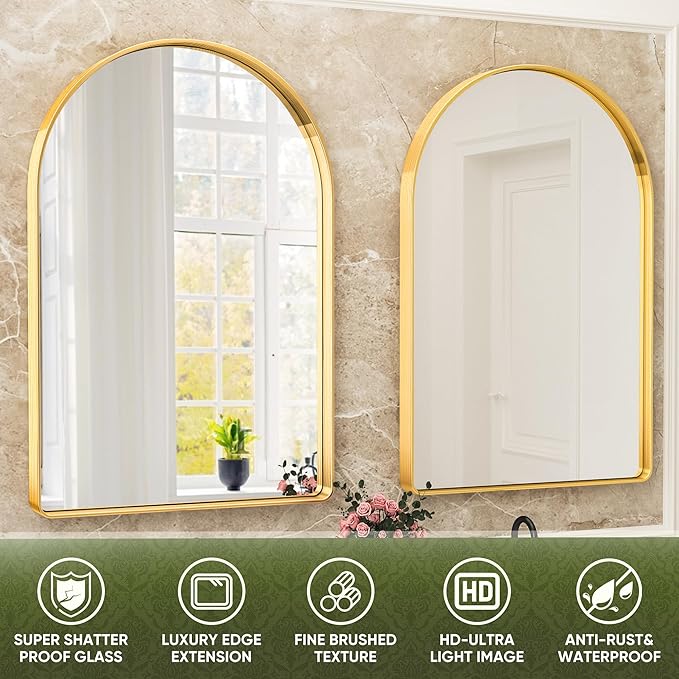 Suidia 26" x 38" Bathroom Mirror, Bathroom Vanity Mirror Metal Framed, Wall-Mounted Mirrors for Bedroom, Living Room, Entryway, Hallway, Gold, Arch Style