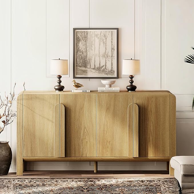 WAMPAT Modern TV Stand for TVs Up to 75 inches,63" W Farmhouse Entertainment Center with Adjustable Shelf and 4 Doors,Media Console Table TV Cabinet for Living Room,Light Walnut