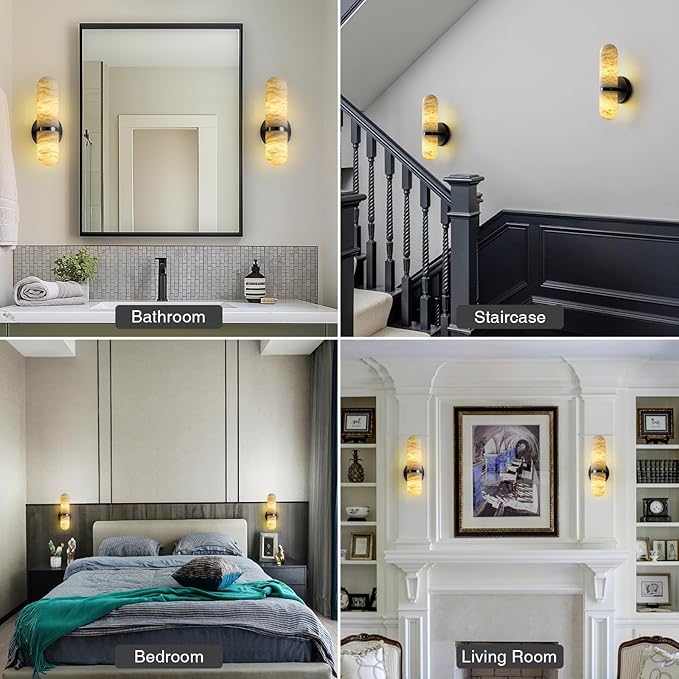 Alabaster Wall Sconces, 13" Black Wall Sconce, Modern Bathroom Sconces Lighting, Black Spanish Natural Marble Sconce for Living Room, Bedroom, Stairs, Hallway