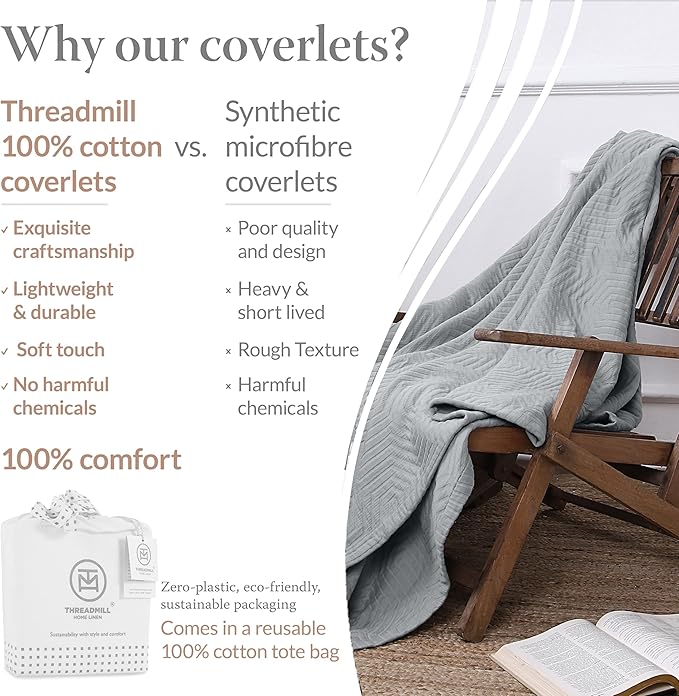 Threadmill Luxury Cotton Blankets for King Size Bed | All-Season Cozy 100% Cotton Blanket | Aster Jacquard Soft & Lightweight Coverlet fits California King Size Bed, 104x92 | Scottish Grey