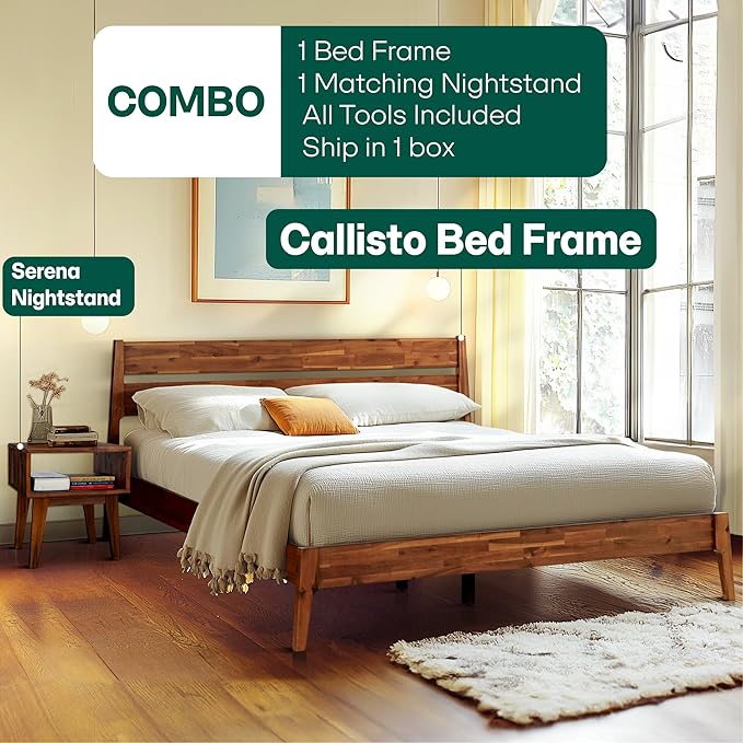Acacia 2-Pcs King Bedroom Set Callisto – Solid Wood Platform Bed Frame with Headboard & Matching Nightstand, Mid-Century Modern, Walnut Finish, No Box Spring Needed, Sturdy, Easy Assembly