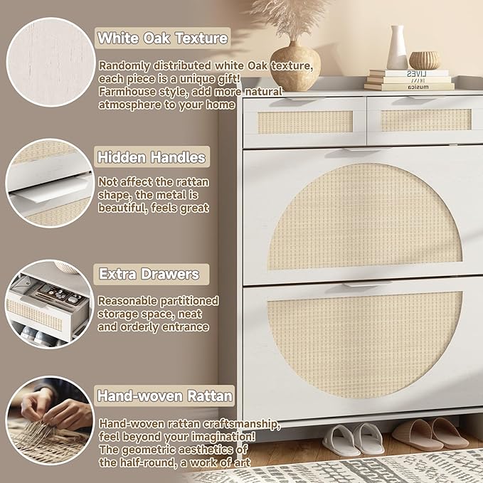 Rattan Shoe Storage Cabinet with 2 Flip Drawers & 2 Drawers, Freestanding Organizer for Front Door Entrance, Hidden Narrow Shoe Rack Cabinet Storage for Entryway, Antique White