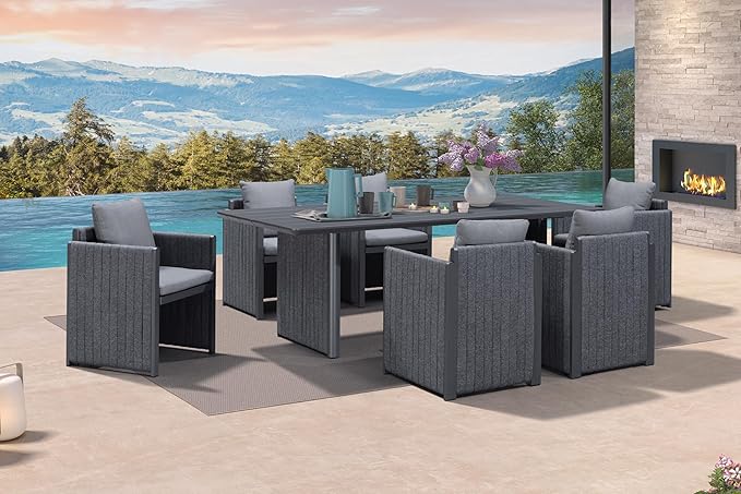 PURPLE LEAF 7 Pieces Patio Dining Set All-Weather Modern Outdoor Conversation Set Aluminum Dining Table and Chairs with Olefin Cushions Pillows for Garden Backyard Kitchen Grey