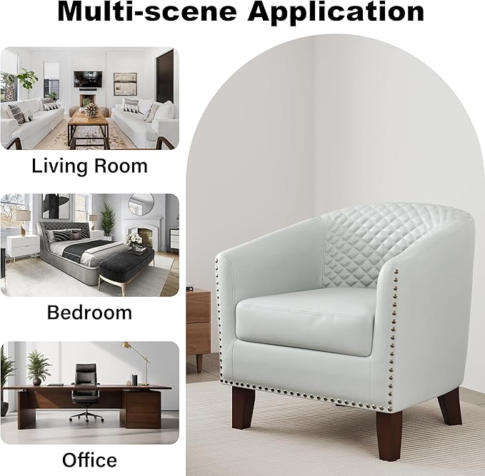 Accent Barrel Chair, Upholstered Faux Leather Club Chair with Nailed Trim, Comfy Reading Armchair for Living Room Bedroom Reception Room Office (White, Set of 4)