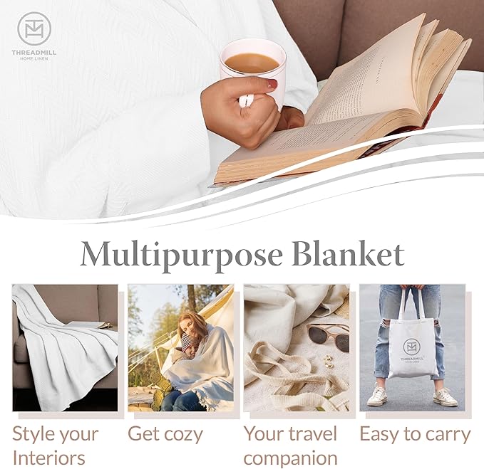 Threadmill Luxury Cotton Blanket for King Size Bed | All-Seasons Breathable Oeko TEX 100% Cotton King Size Blanket | Cozy Soft Thermal fits California King Size Bed 106 x92 inches | White
