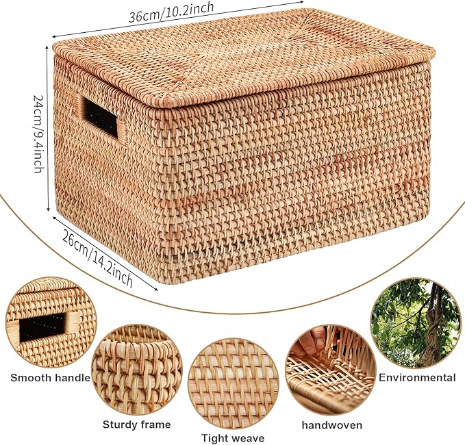 Rattan Basket With Lid, Large Lidded Basket For Storage(14.17" L×10.24"W×9.45"H)