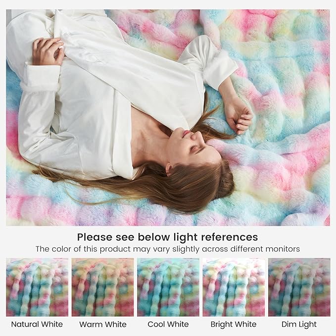 Cozy Bliss Faux Fur Throw Blanket for Couch, Bubble Plush Blanket Queen Size, Fuzzy Soft & Thick Blanket for Bed Sofa Living Room, 90x90 Inches Tie-dye Rainbow