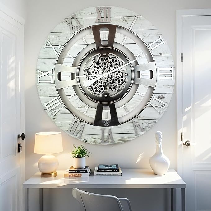 The Gears Clock Real Moving Gear Wall Clock England Line (White Farmhouse, 24 inches (60 cm))