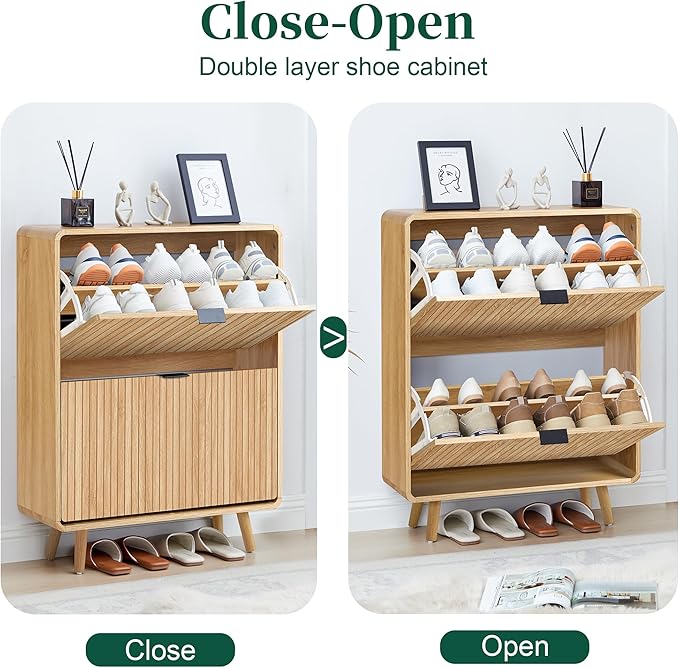 Narrow Shoe Cabinet for Entryway, Fluted Shoe Cabinet Storage with 2 Flip Drawers, Slim Shoes Rack Organizer (Natural)
