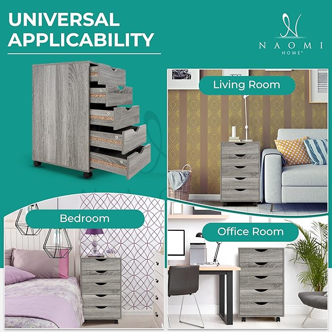 5-Drawer Rolling Storage Cart Organizer - Mobile Under Desk Dresser with Lockable Wheels, Grey Oak Engineered Wood for Home Office Dorm, Compact 15.7 x 15.7 x 26 Inches