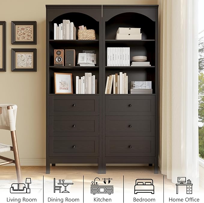 71" H Tall Bookshelf with Drawers, Farmhouse Book Shelf with 3-Tier Open Shelves, Wooden Bookcase with Storage Drawers, Freestanding Bookshelves for Bedroom, Living Room, Black