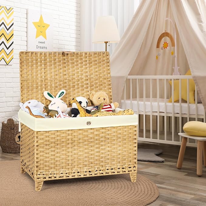 Wicker Storage Basket with Lid,Rattan Shelf Basket with Removable Liner Bag,200L Storage Bin,Storage Trunk with Heightened Feet,Storage Container for Wardrobe,Home Organizer