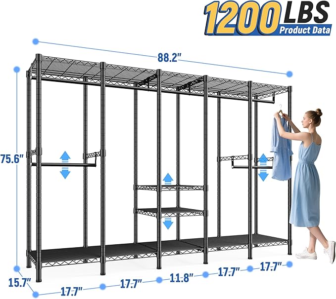 Raybee 88.2" W Clothes Rack Heavy Duty Clothing Racks for Hanging Clothes Loads 1200LBS Freestanding Garment Rack for Bedroom 88.2" W x 75.6" H x 15.7" D, Black