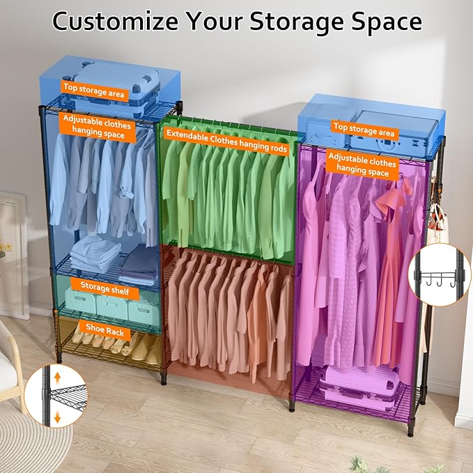 BATHWA Adjustable Heavy Duty Wardrobe Closet Organizer - Expandable Metal Clothing Rack with 4 Hanging Rods, 6 Shelves, and 4 Hangers, Freestanding Closet System 70.9”H x (68.9”-90.2”)L x 14”D, Black