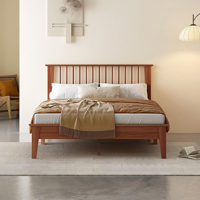 MUSEHOMEINC Solid Wood Full Size Bed Frame with Headboard, Mid Century Modern Style,Wooden Slat Support, No Box Spring Needed, Large Under Bed Storage, Easy Assembly (Full)