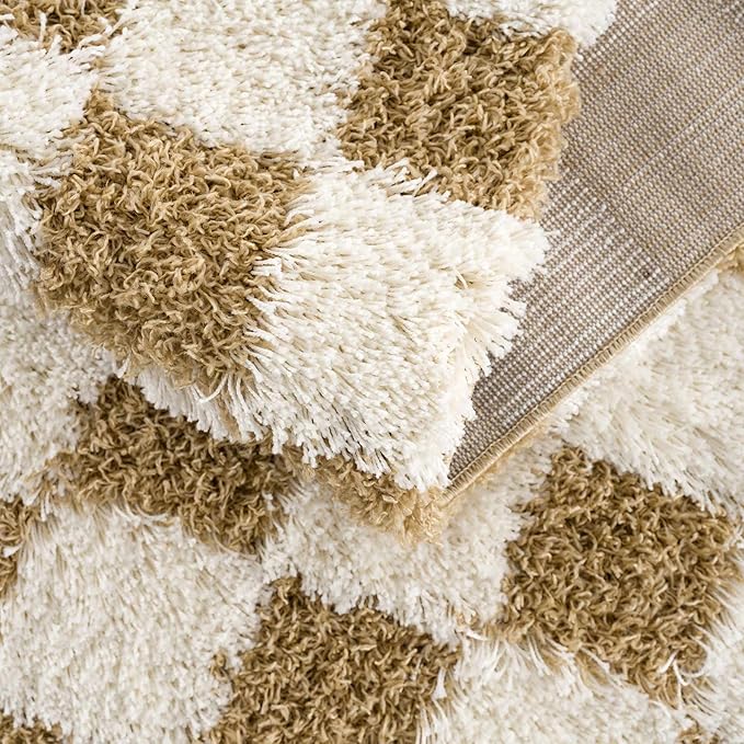 Hauteloom Atira Contemporary Checkered Fluffy Shag Runner Rug - Modern Geometric Carpet Tiles for Hallway, Kids Room - Plush Pile Carpet Squares - Yellow, Cream, White - 2'7" x 7'3"