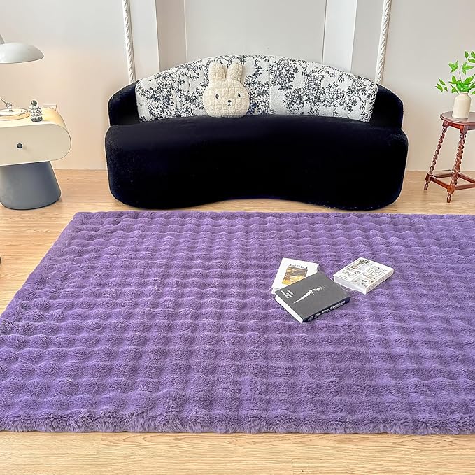 Purple Rabbit Plush Area Rug for Bedroom Living Room Sofa,3'X5' Faux Fur Fluffy Shaggy Rectangular Square Rug for Kids Teen Girls Room,Furry Carpet Rug for Nursery Baby Room Decor for Teenage