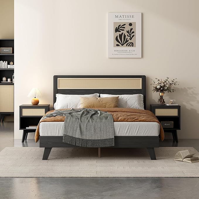 MUSEHOMEINC Modern Wooden Full Size Bed Frame with Rattan Headboard,Boho Style,No Box Spring Needed, Easy Assembly (Full)