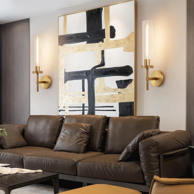 19.5" Knurled Brass Wall Sconce with Clear Glass Tube, Gold Bathroom Vanity Light Fixtures, Modern Lamp Lighting for Bedroom, Living Room, Hallway, Staircase, Mirror, Kitchen