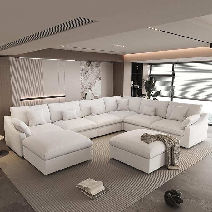 Cloud Couch Modular Sectional Sofa,156" Oversized U Shaped Couch with Ottoman,Down Filled 8 Seater Convertible Sofa Bed Living Room Set,Covers Washable&Replaceable (White)