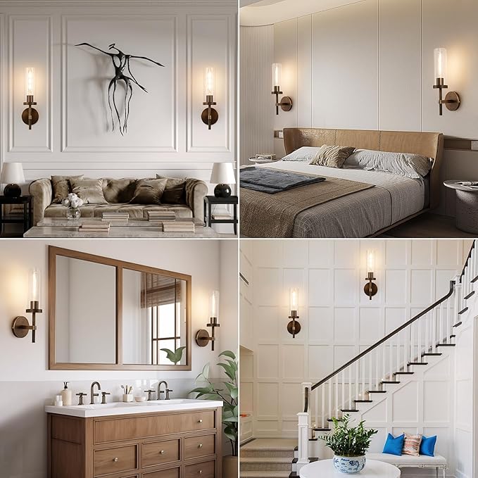 15" Knurled Brass Wall Sconces Set of 2, Bronze Bathroom Vanity Light Fixtures with Clear Glass Tube, Modern Lamp Lighting for Bedroom, Living Room, Hallway, Staircase, Mirror, Kitchen