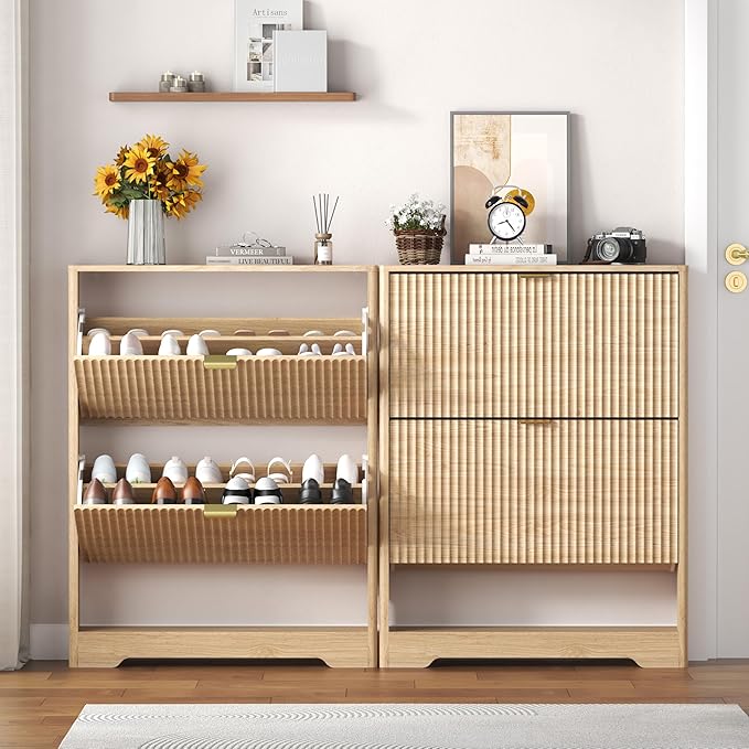 Shoe Cabinet Storage for Entryway with 2 Flip Drawers, Fluted Shoe Cabinet with Open Storage, Wooden Hidden Shoe Rack Freestanding Narrow Slim Shoe Organizer for Hallway, Entrance