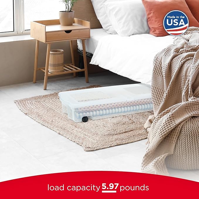 Rubbermaid 70 Quart Under the Bed Low Profile Storage Boxes with Dual Hinged Lids and Easy Rolling Caster Wheels, Clear, 2 Pack