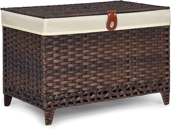 Wicker Storage Basket with Lid,Rattan Shelf Basket with Removable Liner Bag,200L Storage Bin,Storage Trunk with Heightened Feet,Storage Container for Wardrobe,Home Organizer