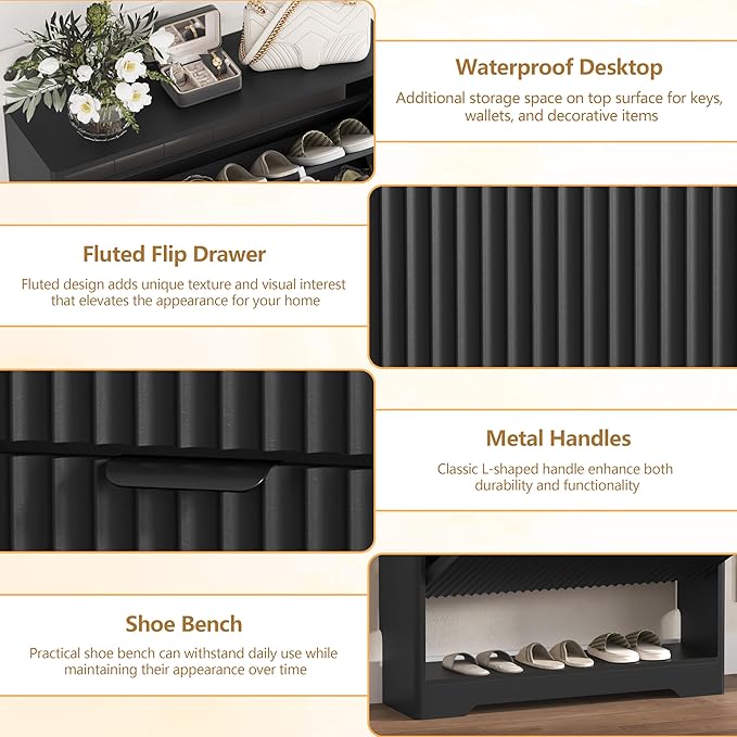 Shoe Cabinet Storage for Entryway with 2 Flip Drawers, Black Fluted Shoe Cabinet with Open Storage, Wooden Hidden Shoe Rack Freestanding Narrow Slim Shoes Organizer for Hallway, Entrance