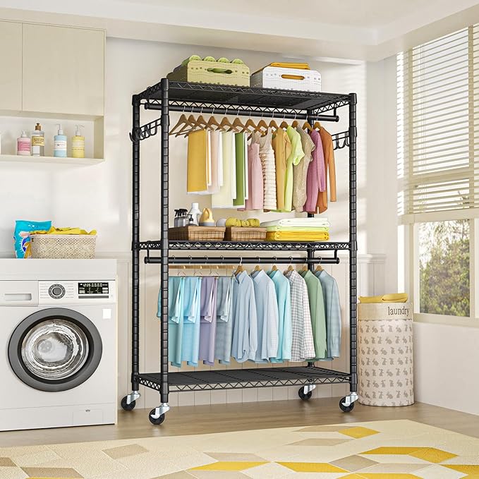 P1 Plus Rolling Clothes Rack, 22mm Diameter Heavy Duty Garment Rack with Wheels, Portable Closet Wardrobe with Double Rods, 45" W x 17.7" D x 80.5" H, Max Load 524 LBS, Black