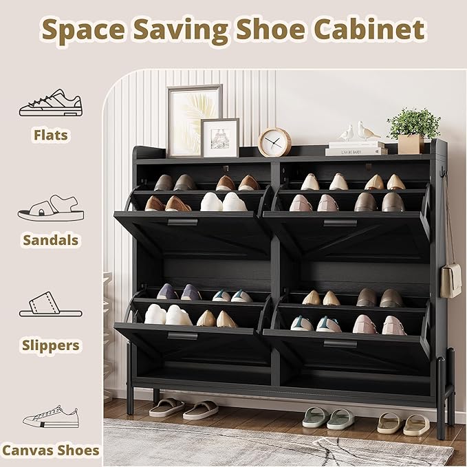 IRONCK Farmhouse Shoe Storage Cabinet with 4 Flip Drawers, Freestanding Shoe Organizer with Adjustable Shelf for Entryway, Narrow Shoe Rack Cabinet for Hallway, Living Room, Black