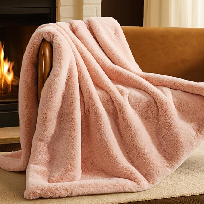 Bare Home Faux Fur Blanket - Ultra-Soft Luxurious - Cozy Warm Throw for Couch, Sofa, Chair, Bed - Fuzzy Fluffy Super Soft - Decorative Bed Blanket, 80x60 inches (Oversized, Blush)