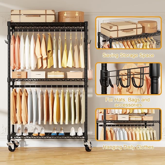 P1 Rolling Clothes Rack, Portable Wardrobe Closet with Wheels, Heavy-Duty Closet Clothing Rack for Hanging Clothes, 35.5" W x 15.7" D x 80.5" H, Hold 500lbs, Black