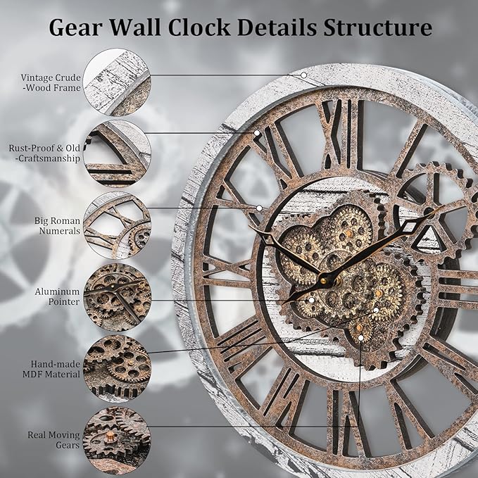 HOIBAI Large Wall Clock, 20 Inch Wall Clocks for Living Room Decor Farmhouse Vintage Rustic Kitchen Wall Decor Vintage Roman Big Oversized Wall Clock for Home Bedroom House Office, Moving Gears Clock