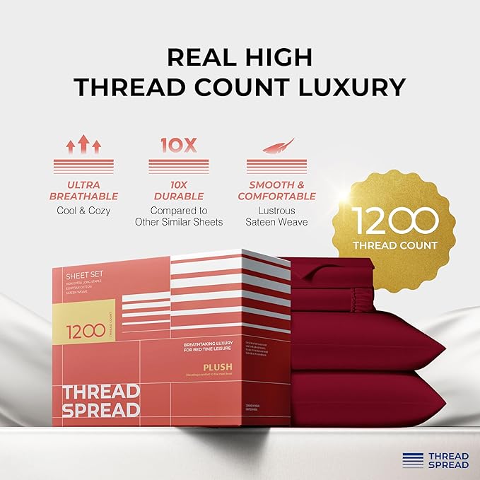 THREAD SPREAD 100% Egyptian Cotton King Size Sheets Set - Luxury 1200 Thread Count Egyptian Cotton Sheets King Size, 17" Deep Pocket, Soft, Cooling Sateen Weave Hotel Quality Bedding Set - Burgundy